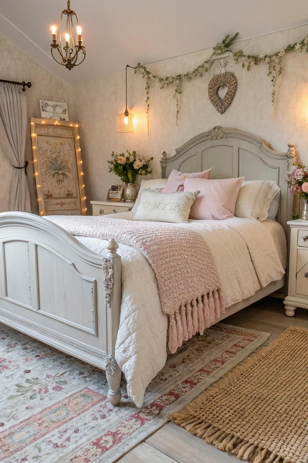 A French textile bed structure establishes a romantic and cozy atmosphere.