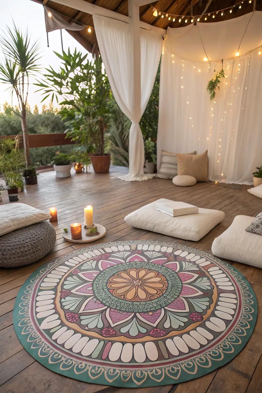 A meditation space with floors painted with mandalas, making a calm and spiritual getaway.