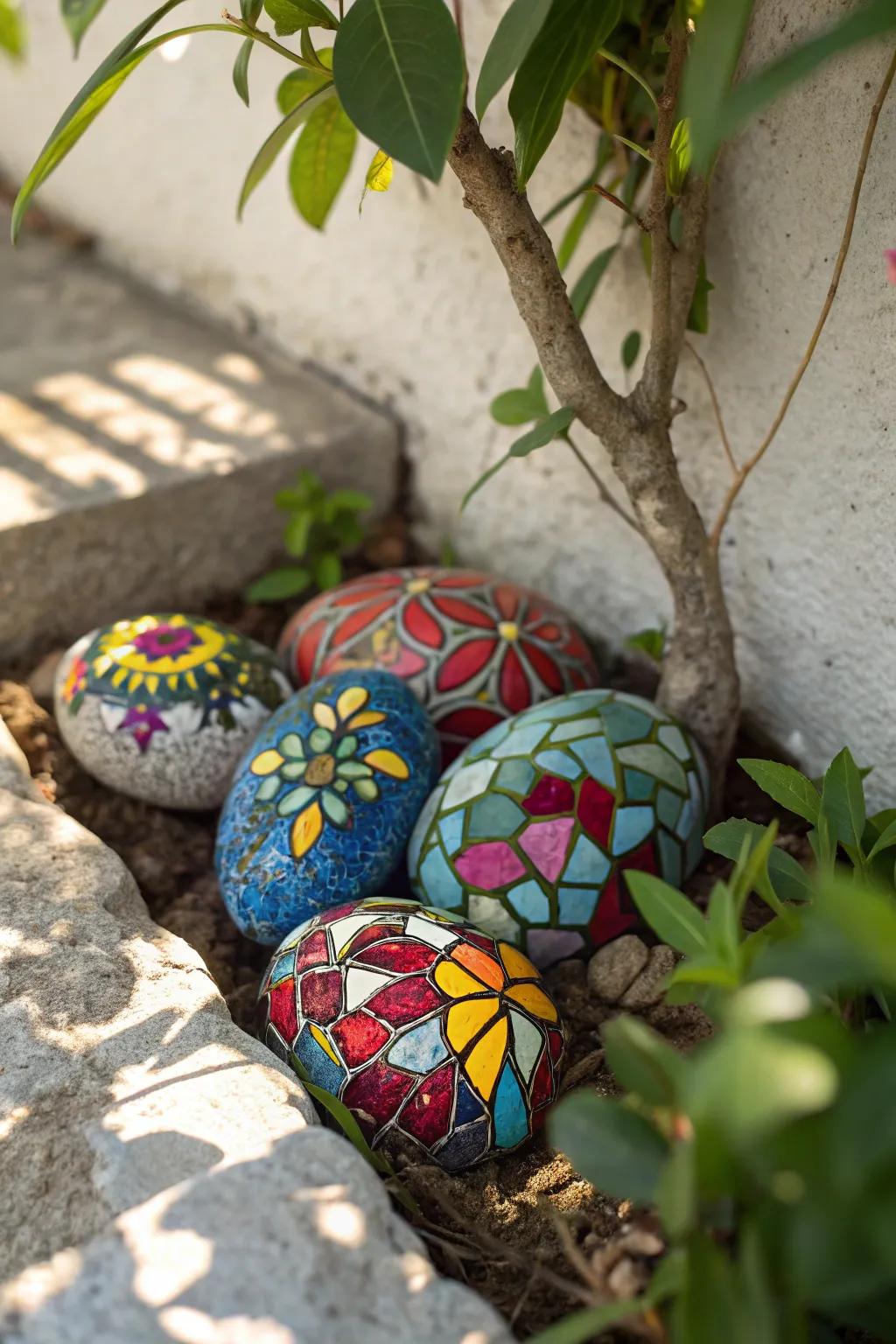 Illuminate your garden with the enchanting radiance of mosaic-painted stones, where artistry and nature waltz in harmony.