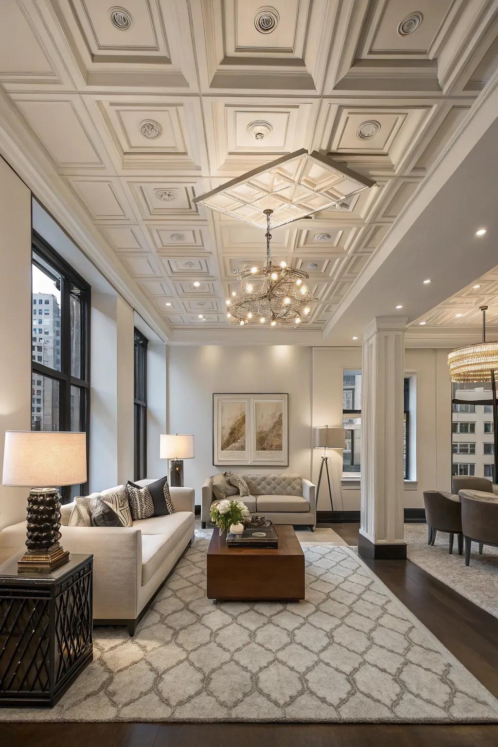 Coffered ceilings add architectural elegance.