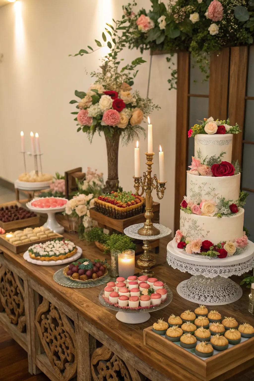 A themed dessert table at a rice-feeding event.