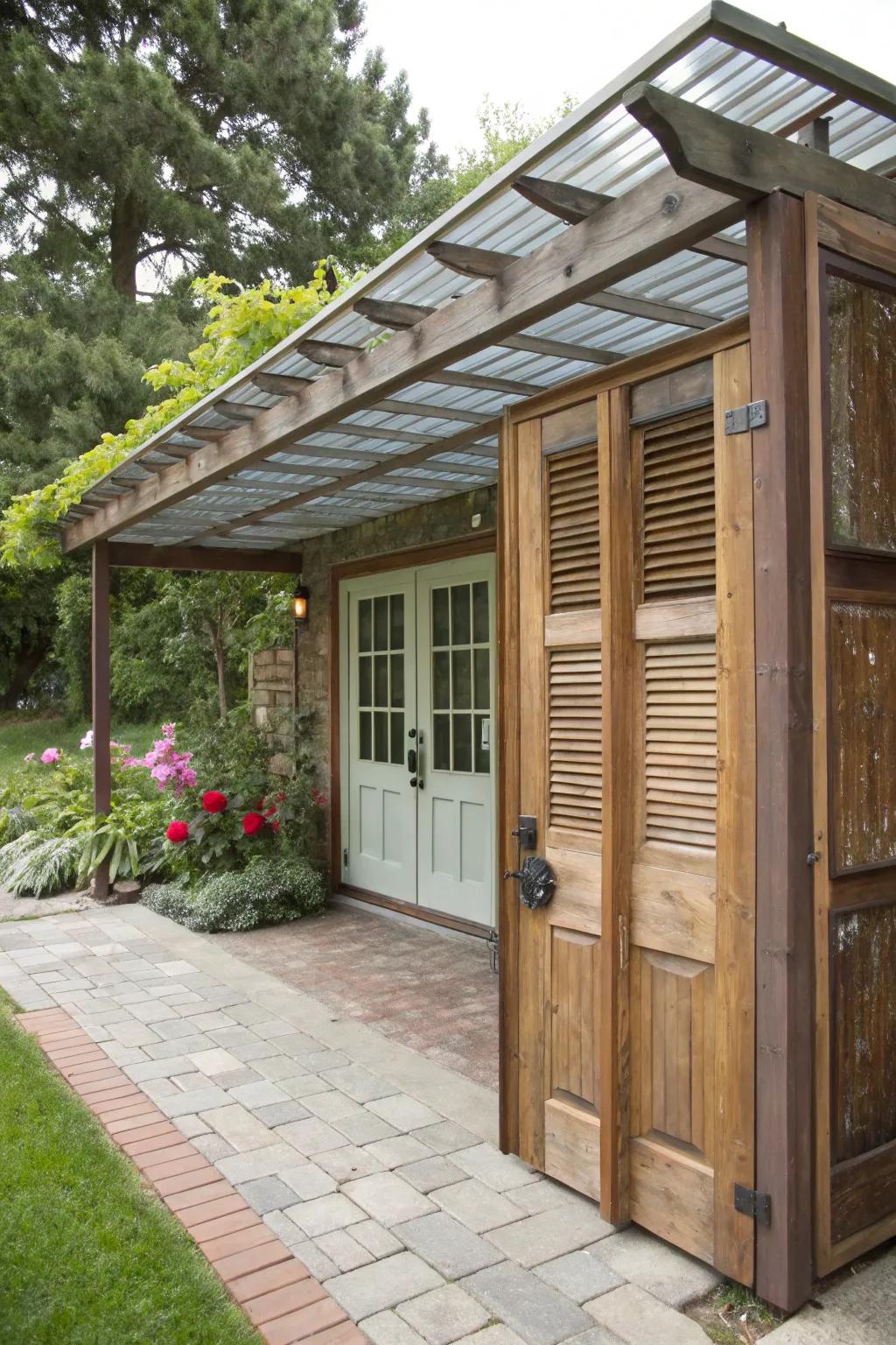 Upcycled materials add charm and sustainability to patio covers.