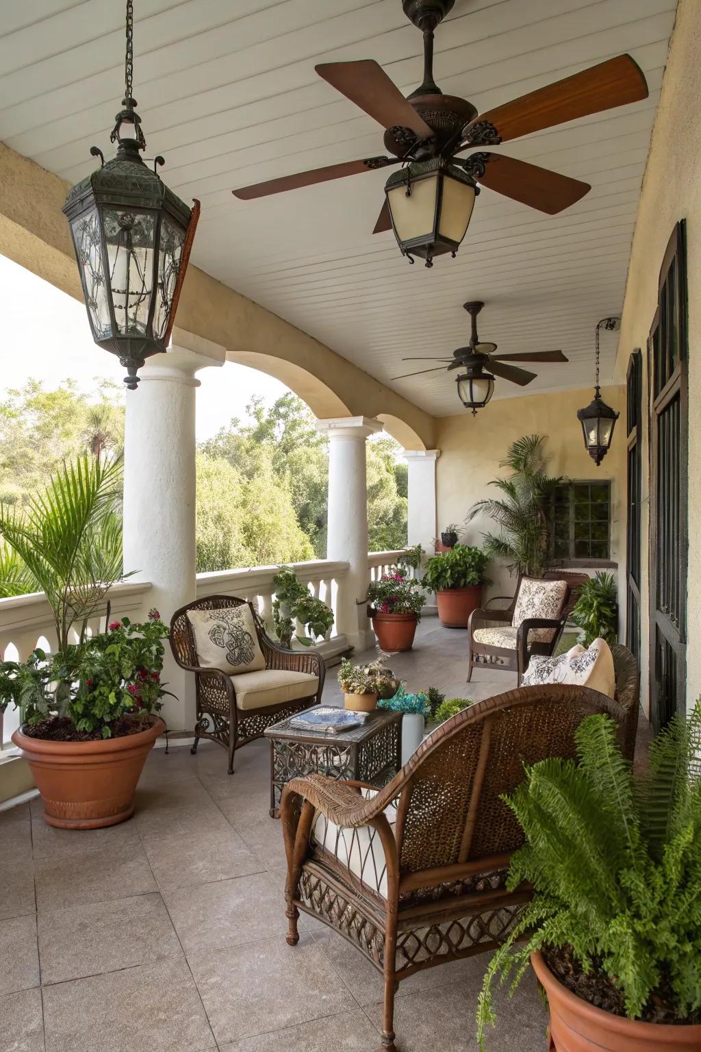 A retro-themed patio highlighting a vintage-inspired ceiling fan.