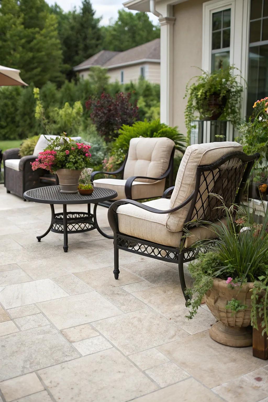 Limestone slabs enhance patios with Mediterranean luxury and warmth.