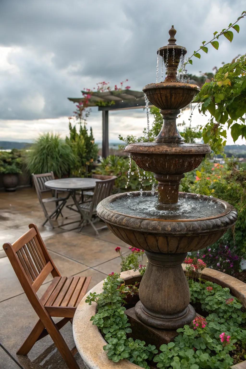 A tabletop fountain lending serenity to a patio.