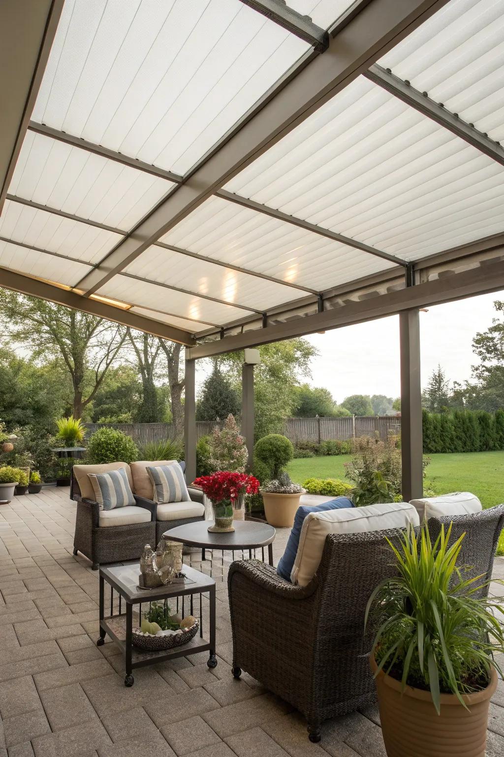 Coated sections ensure a relaxing patio setting.
