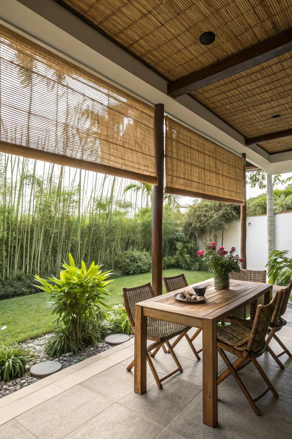 Bamboo shades offer an eco-friendly and exotic patio atmosphere.