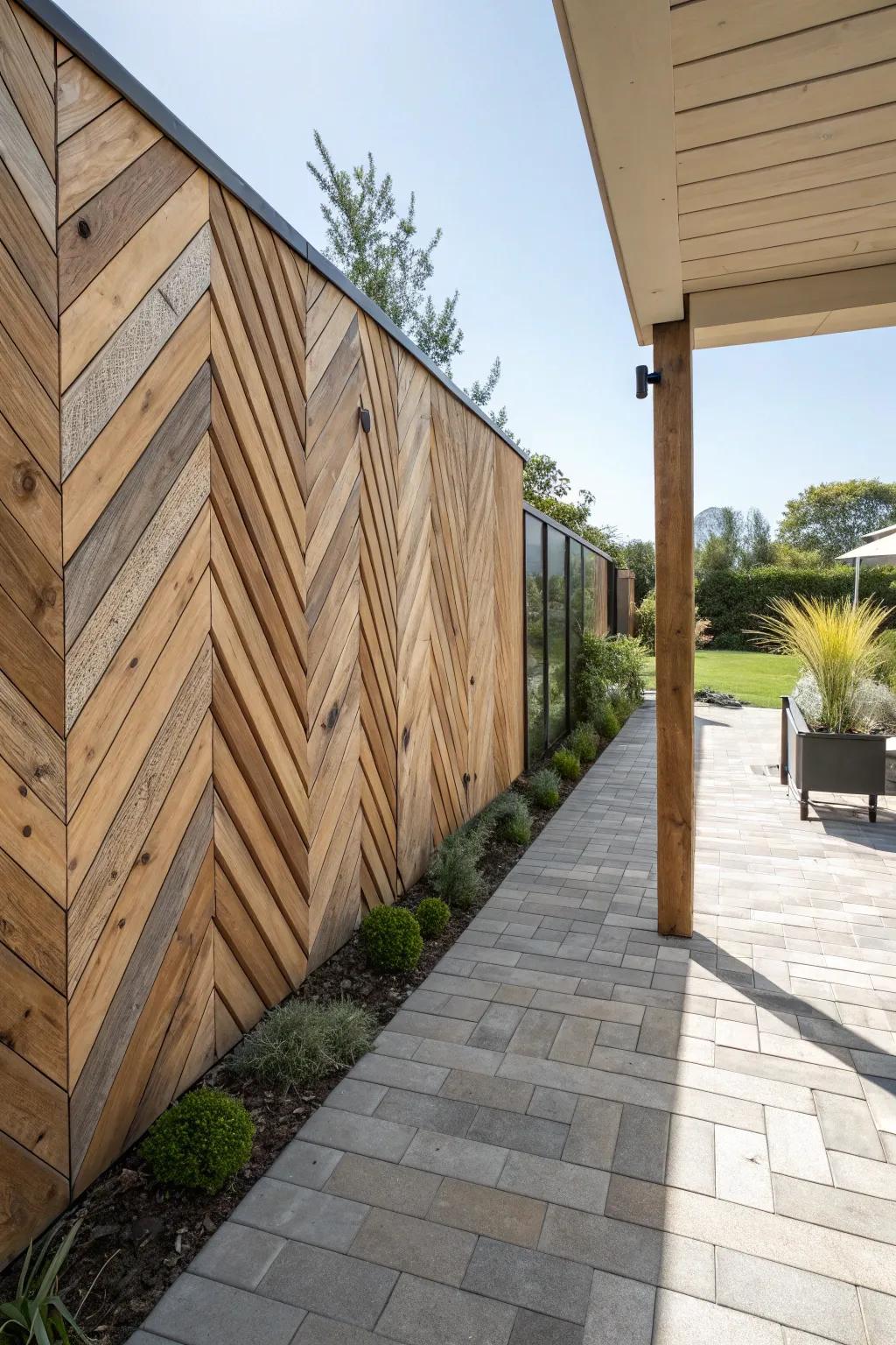 A patio wall that features a striking chevron wood pattern.