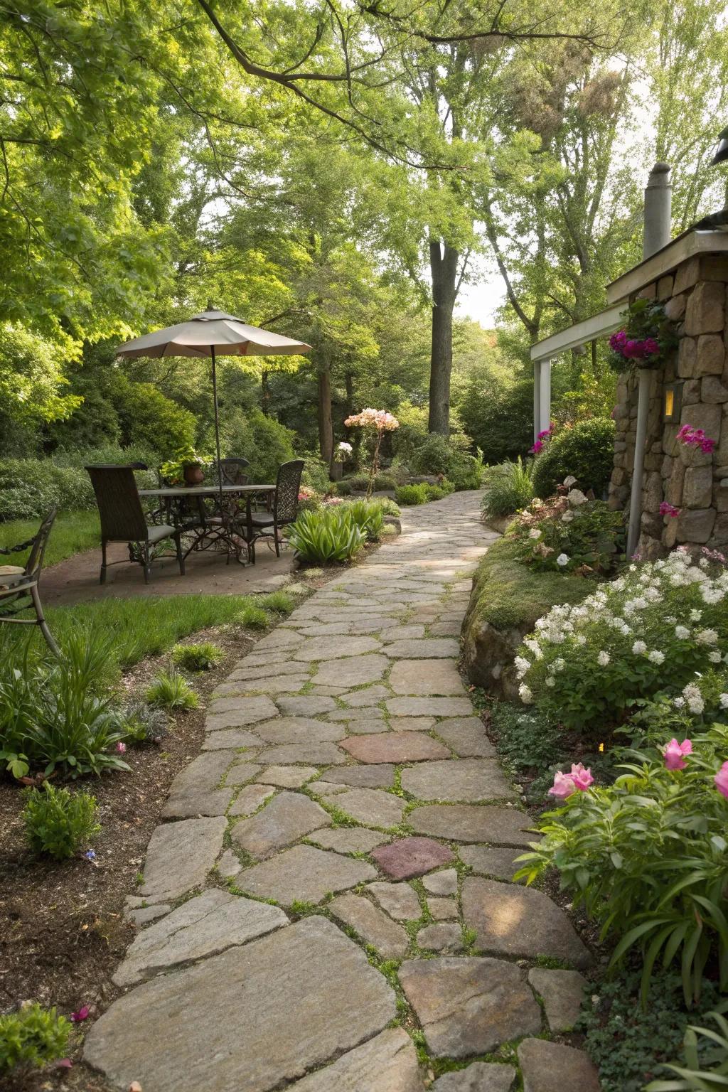 A rustic stone path leads people to your patio.