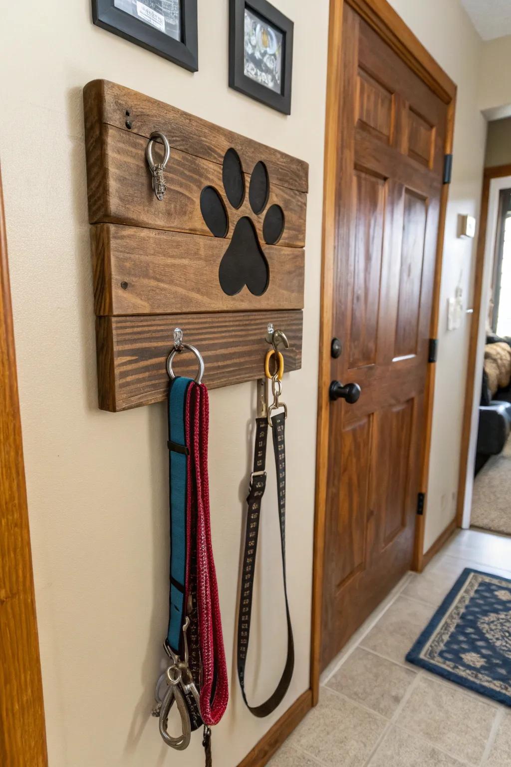 A custom leash spot featuring a paw print design.