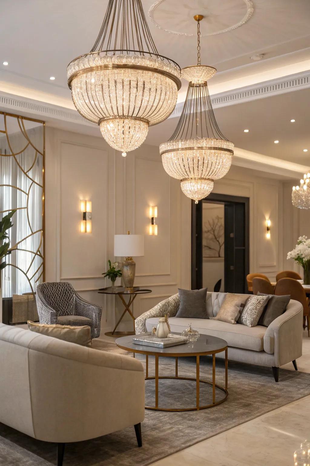 Sculptural pendants create a striking focal point.
