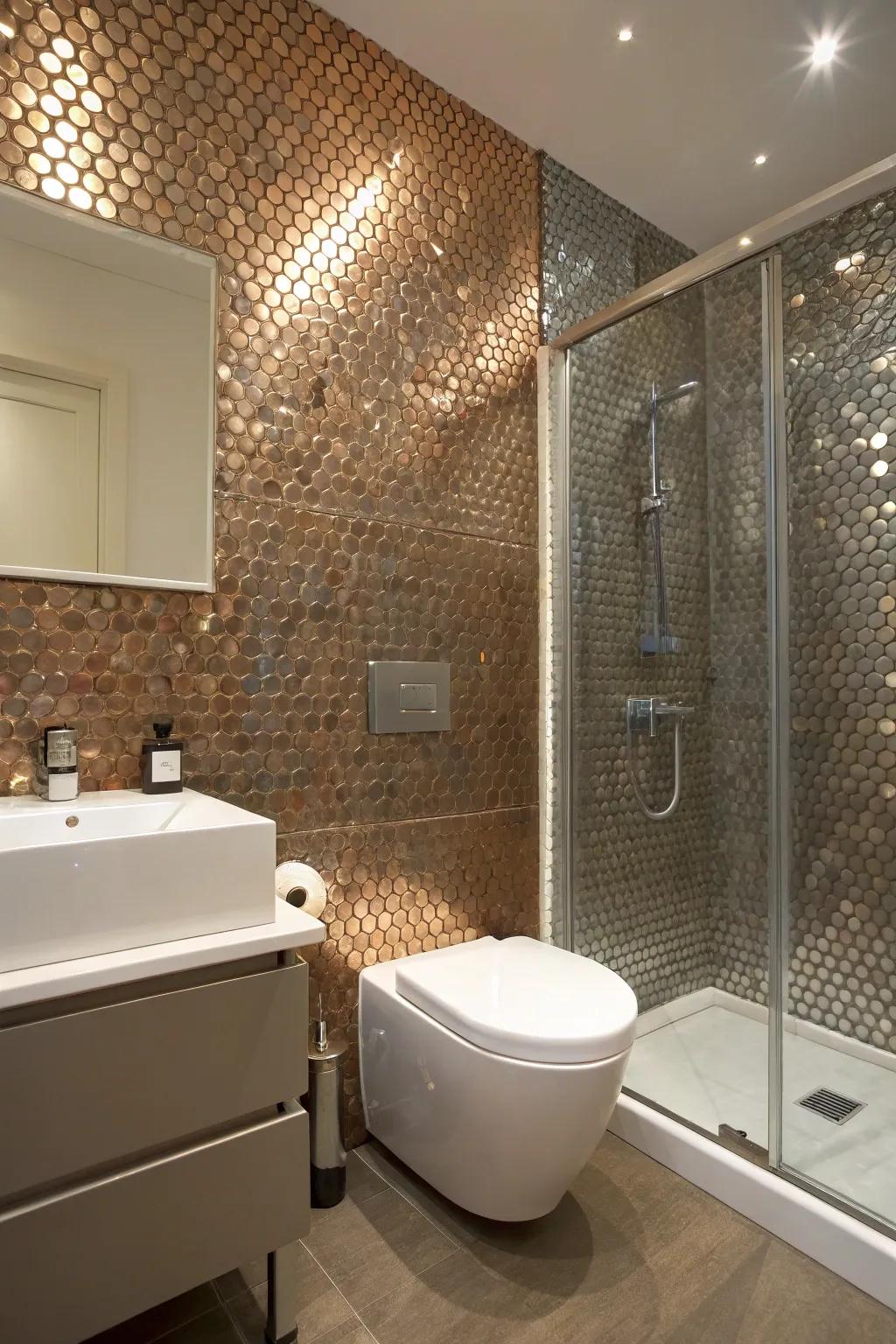 Glamorous metallic penny tiles add a modern touch.