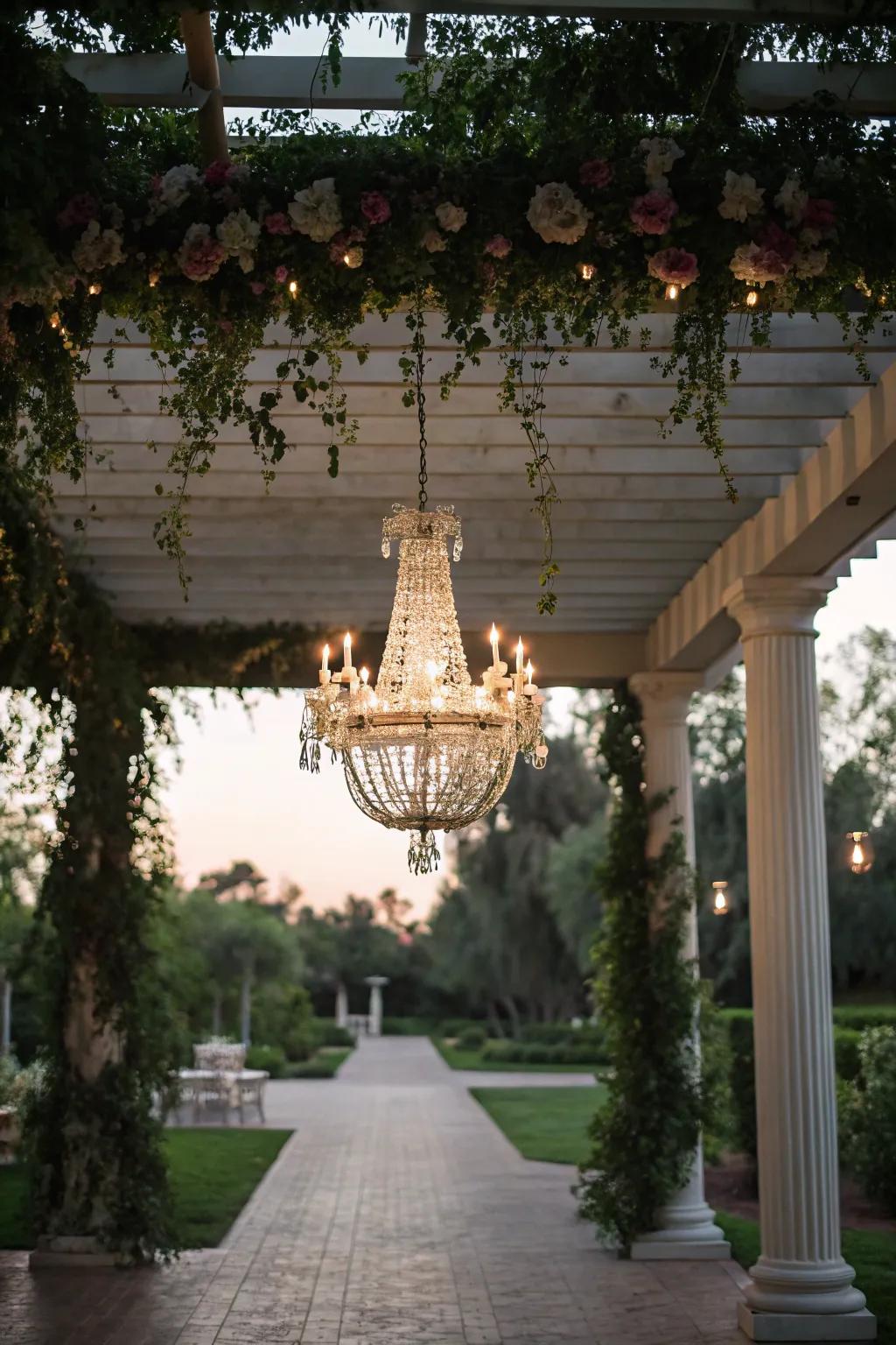 A chandelier adds elegance and style to your pergola.