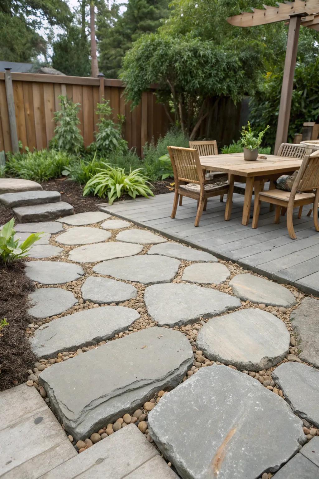 Repurposed concrete creates a unique and sustainable patio surface.
