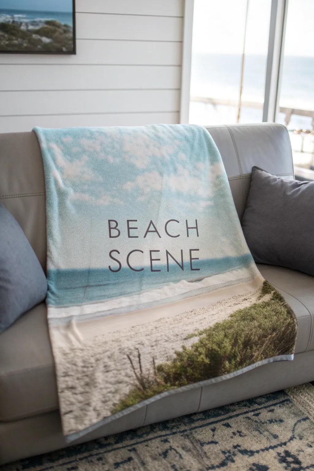 A throw with a beach scene and calming quote, perfect for a tranquil ambiance.
