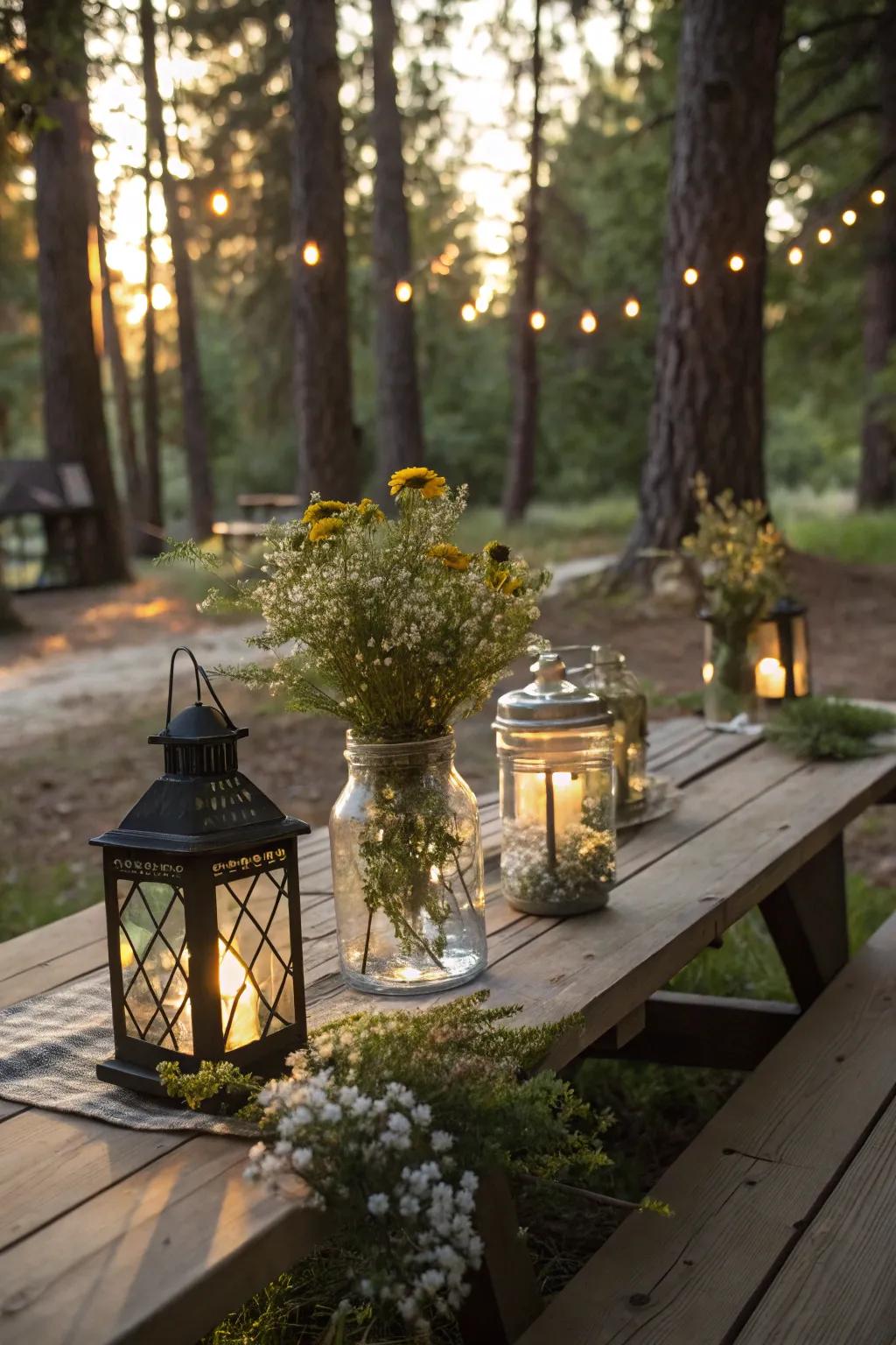 Vintage finds like lanterns and jars add nostalgic charm to this picnic table.