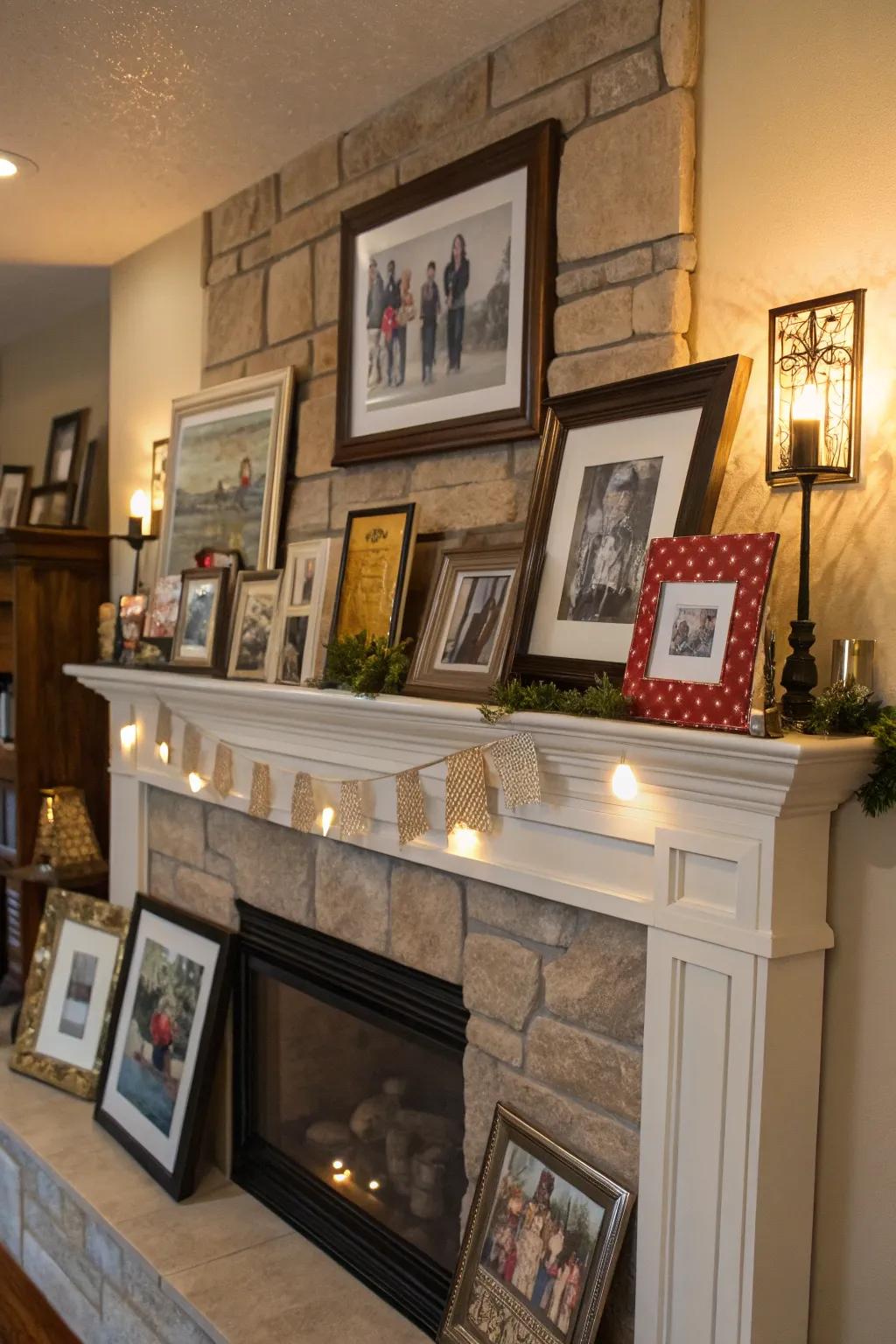 A picture wall styled atop a mantel, showcasing layered decor.
