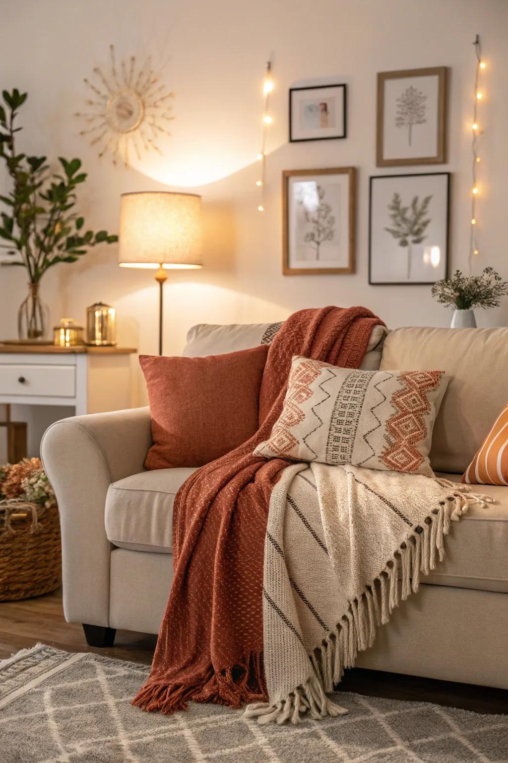 Throws on a couch with matching colors, resulting in a harmonious visual.