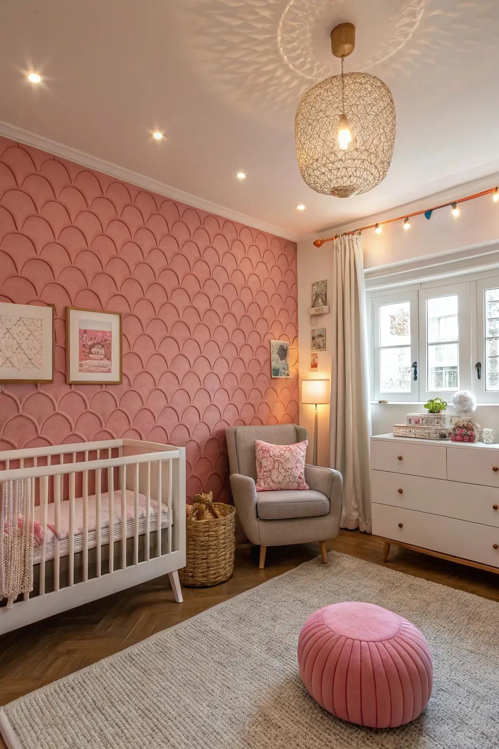 A nursery with textured pink wallpaper that invites exploration.