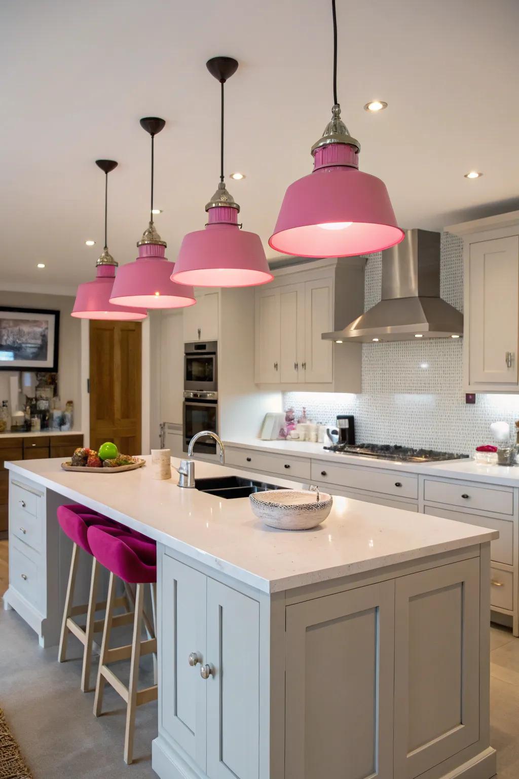 Rose droplights adding a playful accent to the kitchen.