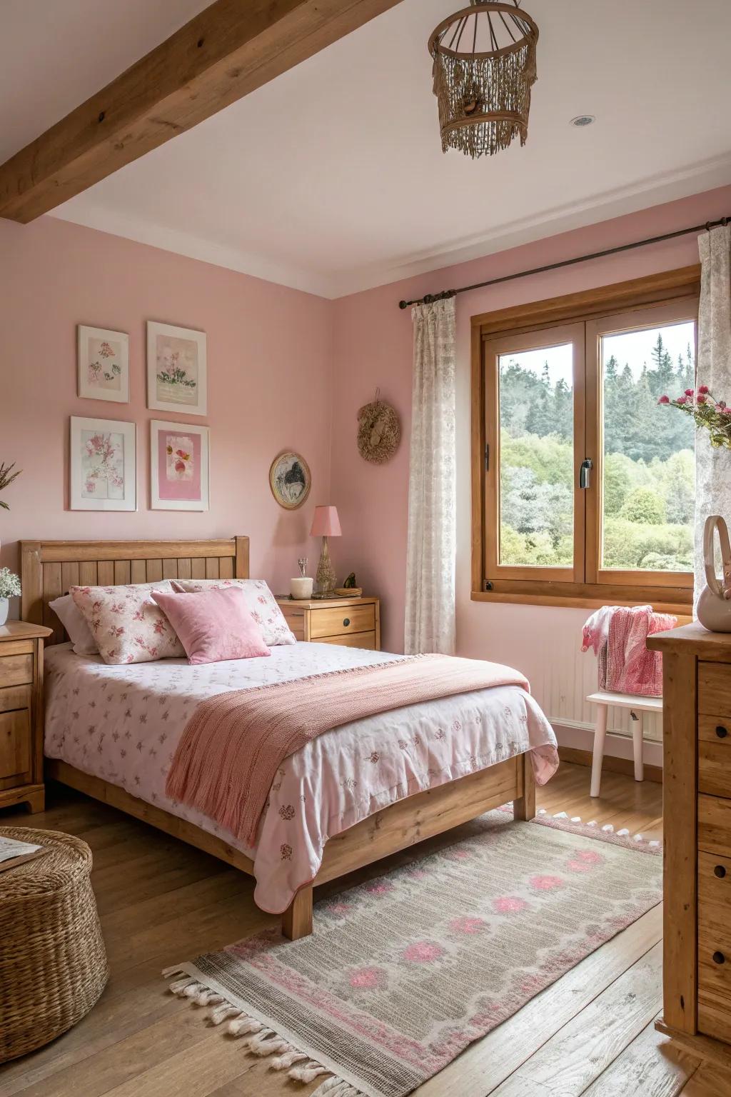 Natural timber elements harmonize exquisitely with rose decor in this eco-friendly bedroom.