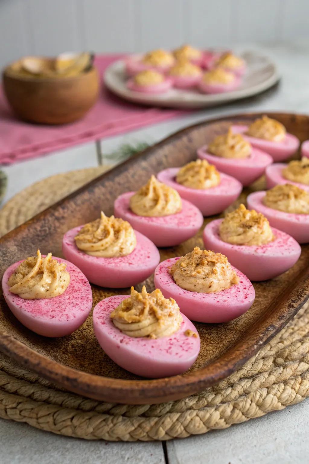 Roseate filled ovals make a colorful and delectable appetizer.