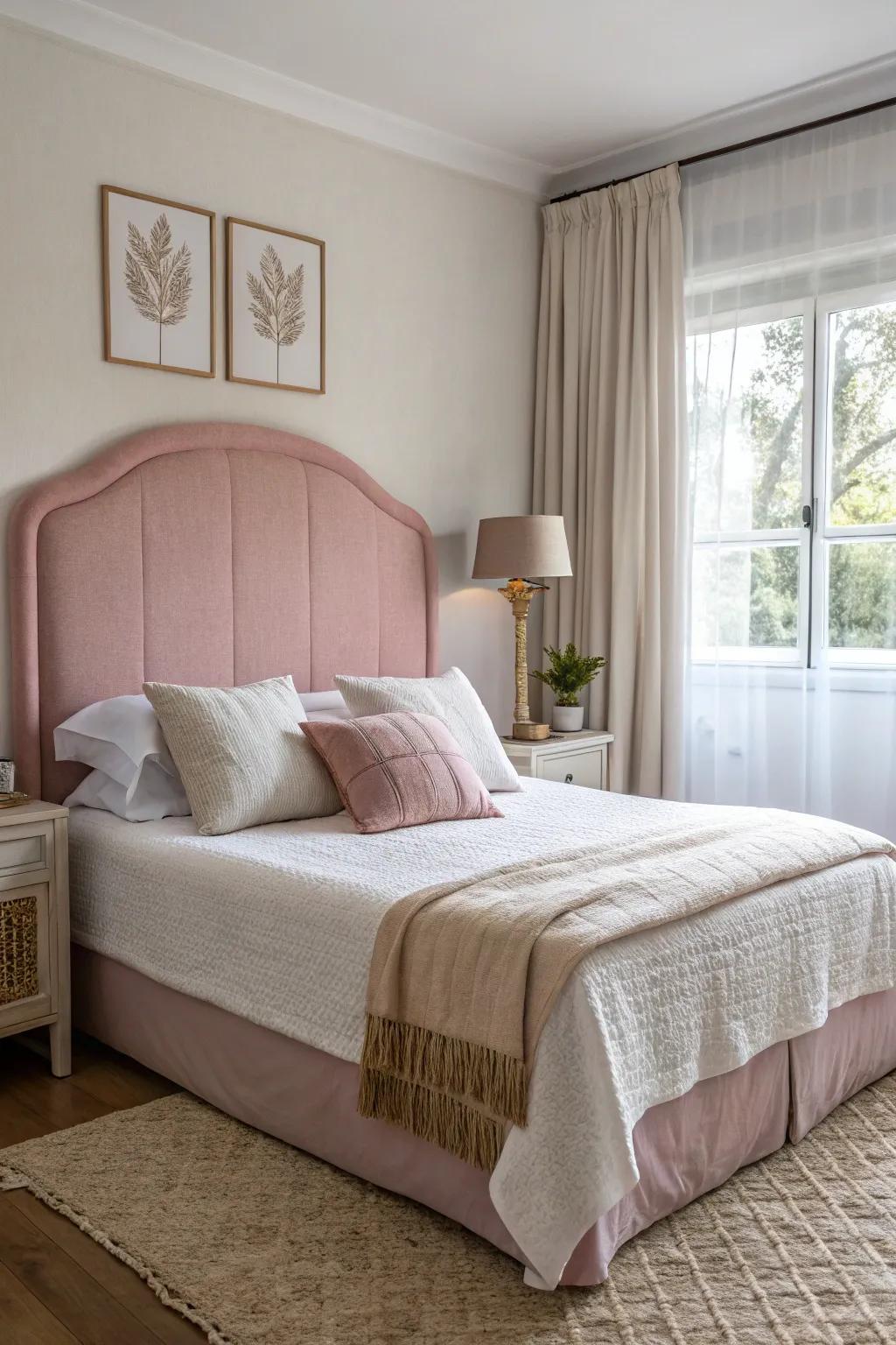 A serene and calming bedroom featuring a pink linen headboard.