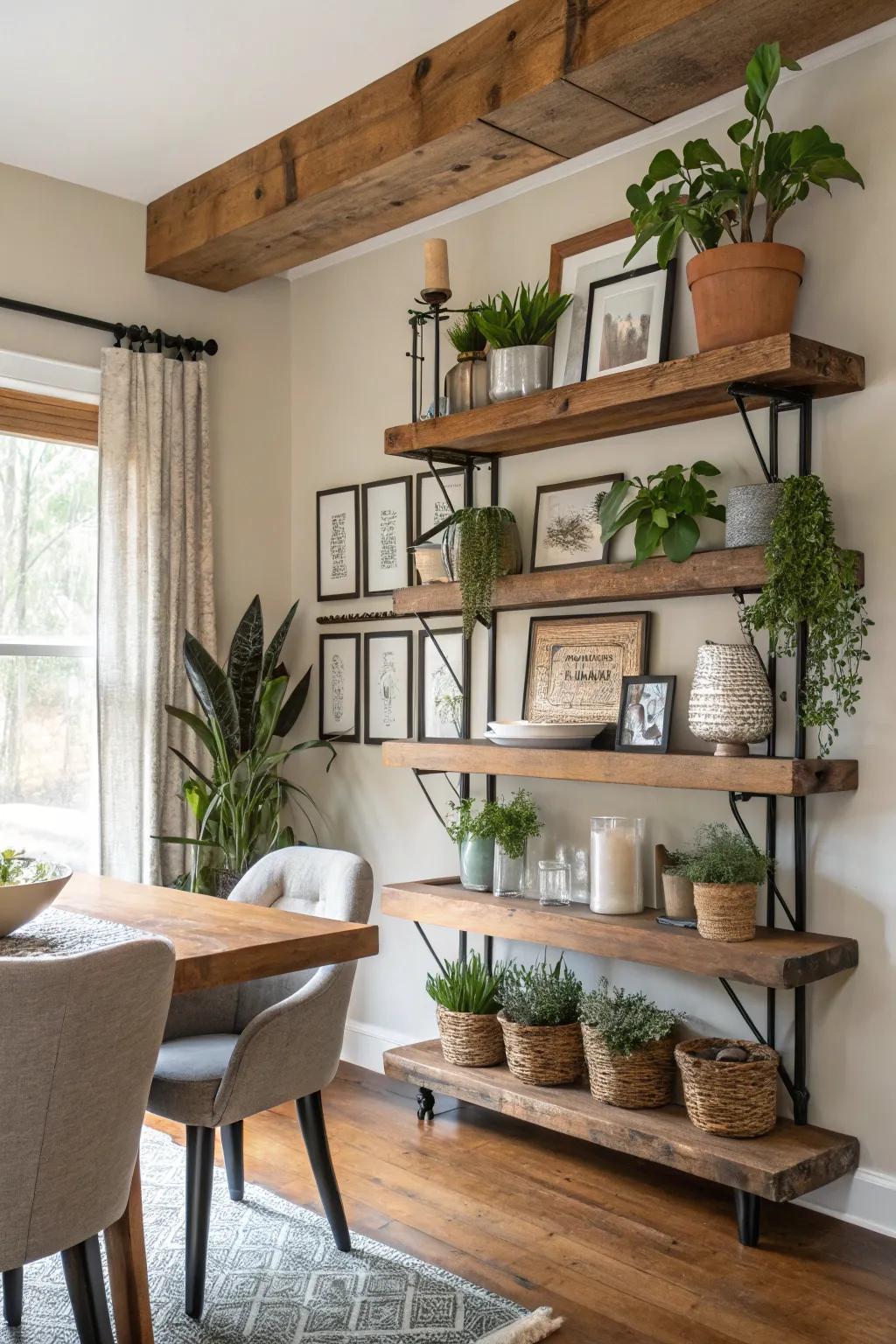 Achieve contrast with traditional-modern plant shelves.