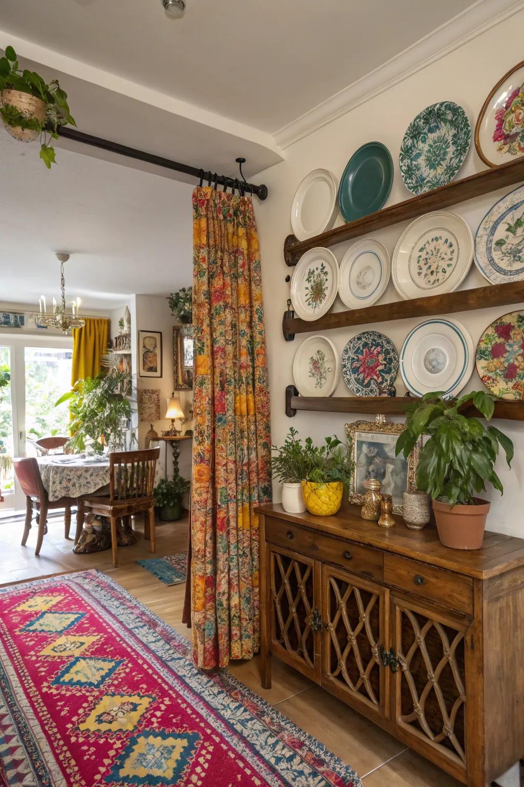 An eclectic dining area showcasing a vibrant plate rail display