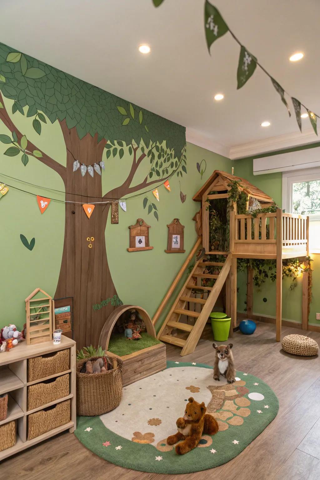 A woodland theme fashions a grounding and imaginative space.