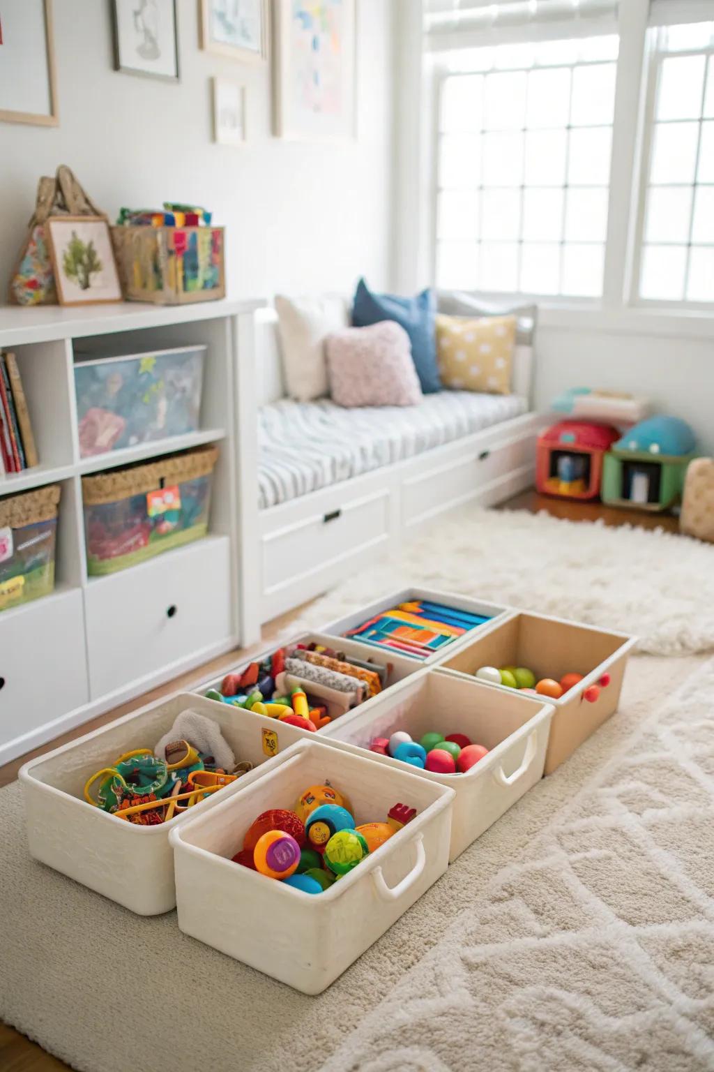 Under-bed storage bins arranged with toys, maximizing space in the playroom.