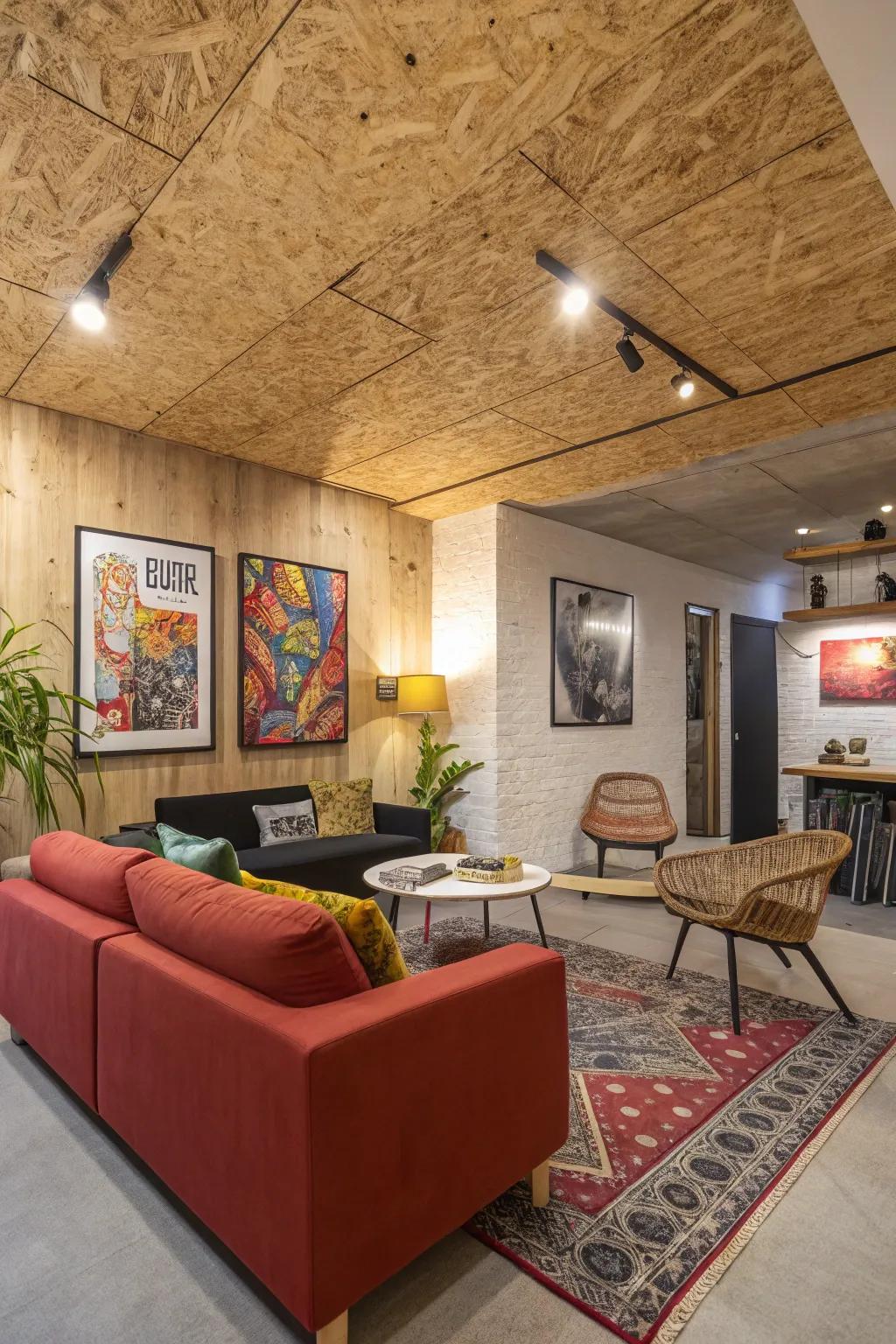 A playful textured plywood ceiling that injects character into the room.