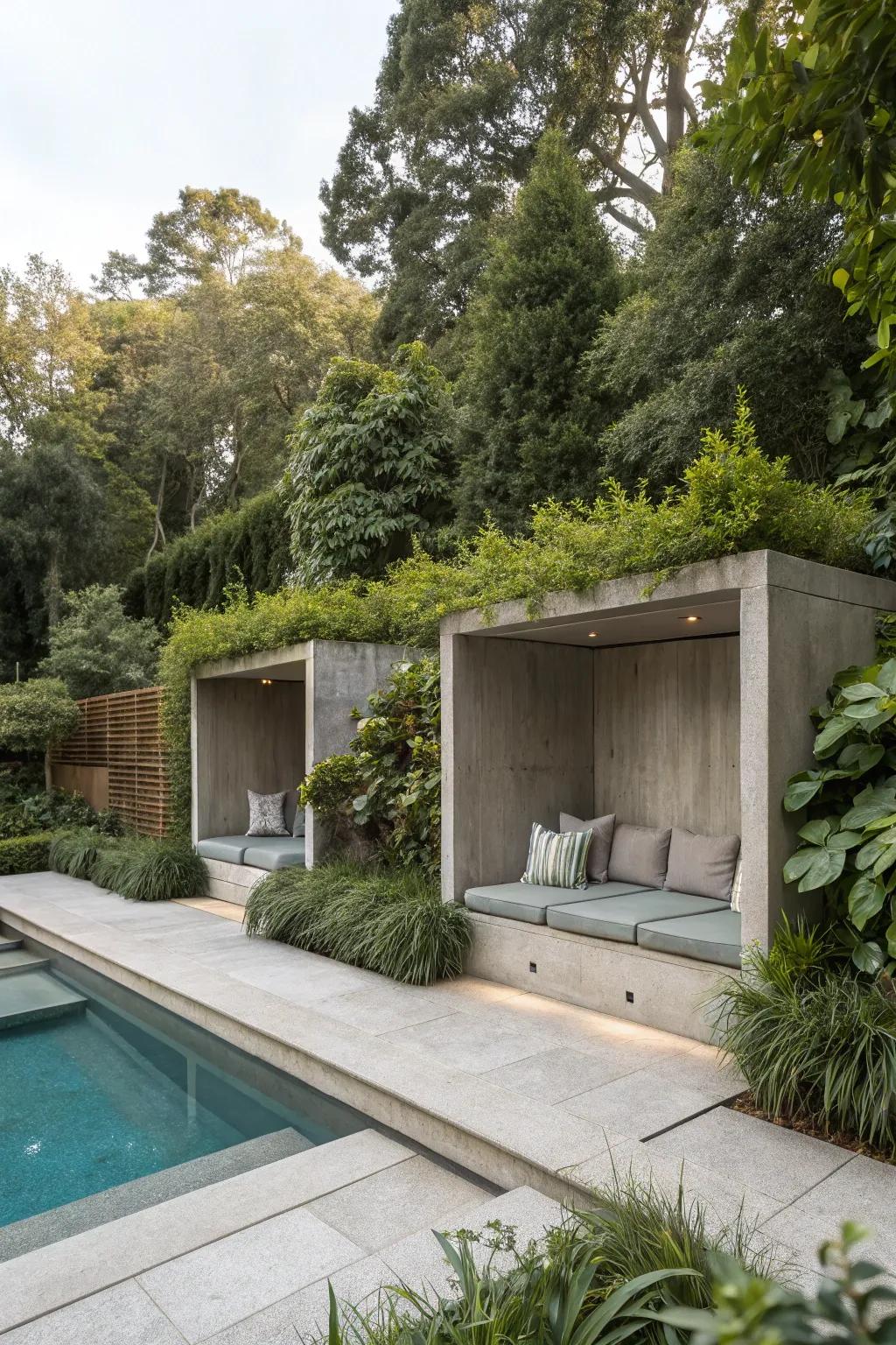 Hidden seating nooks offer intimate spaces for relaxation by the pool.