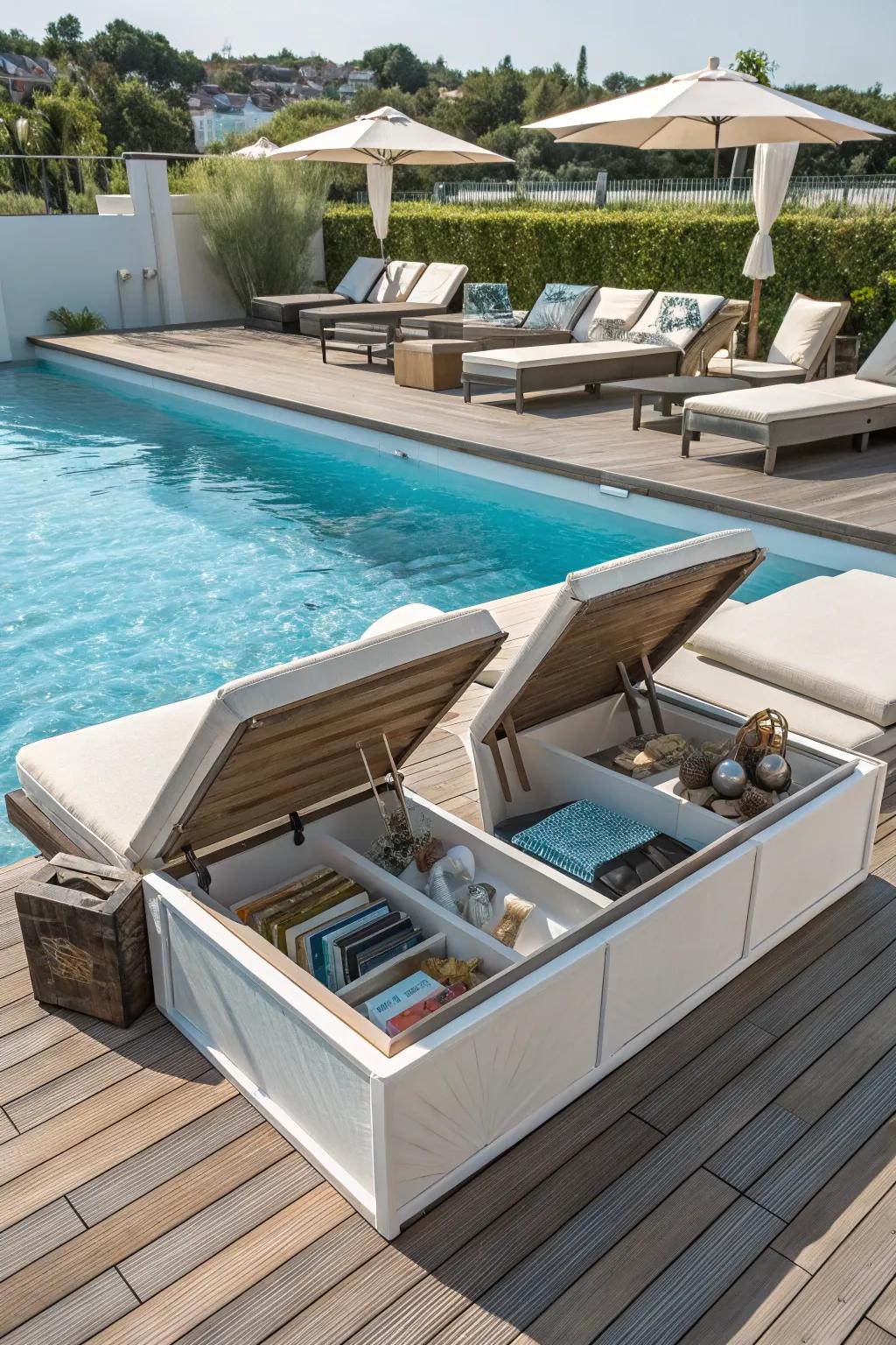 Tidy and organized with storage built into pool deck furniture.