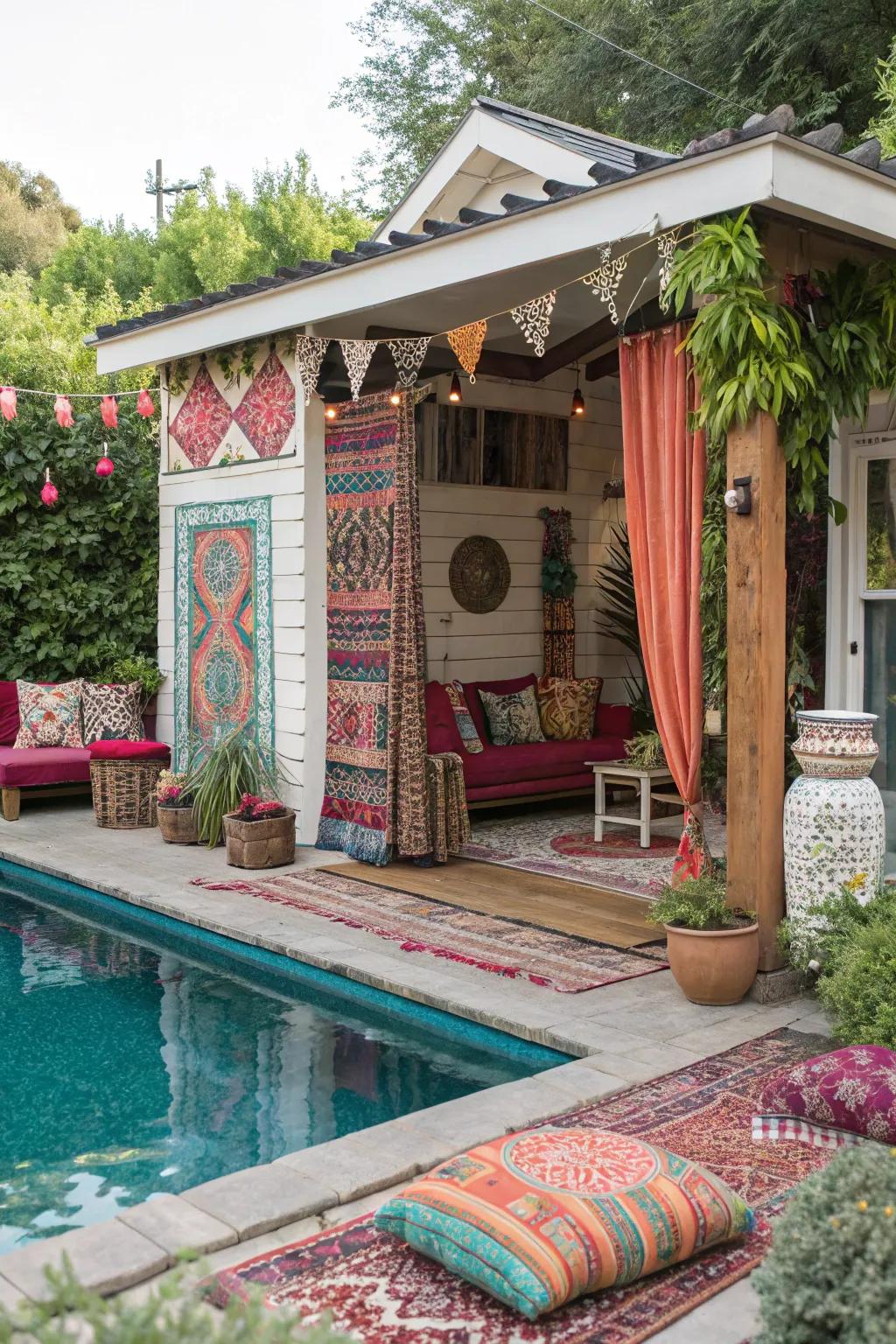 A bohemian-style pool house exhibiting vibrant and eclectic decor.
