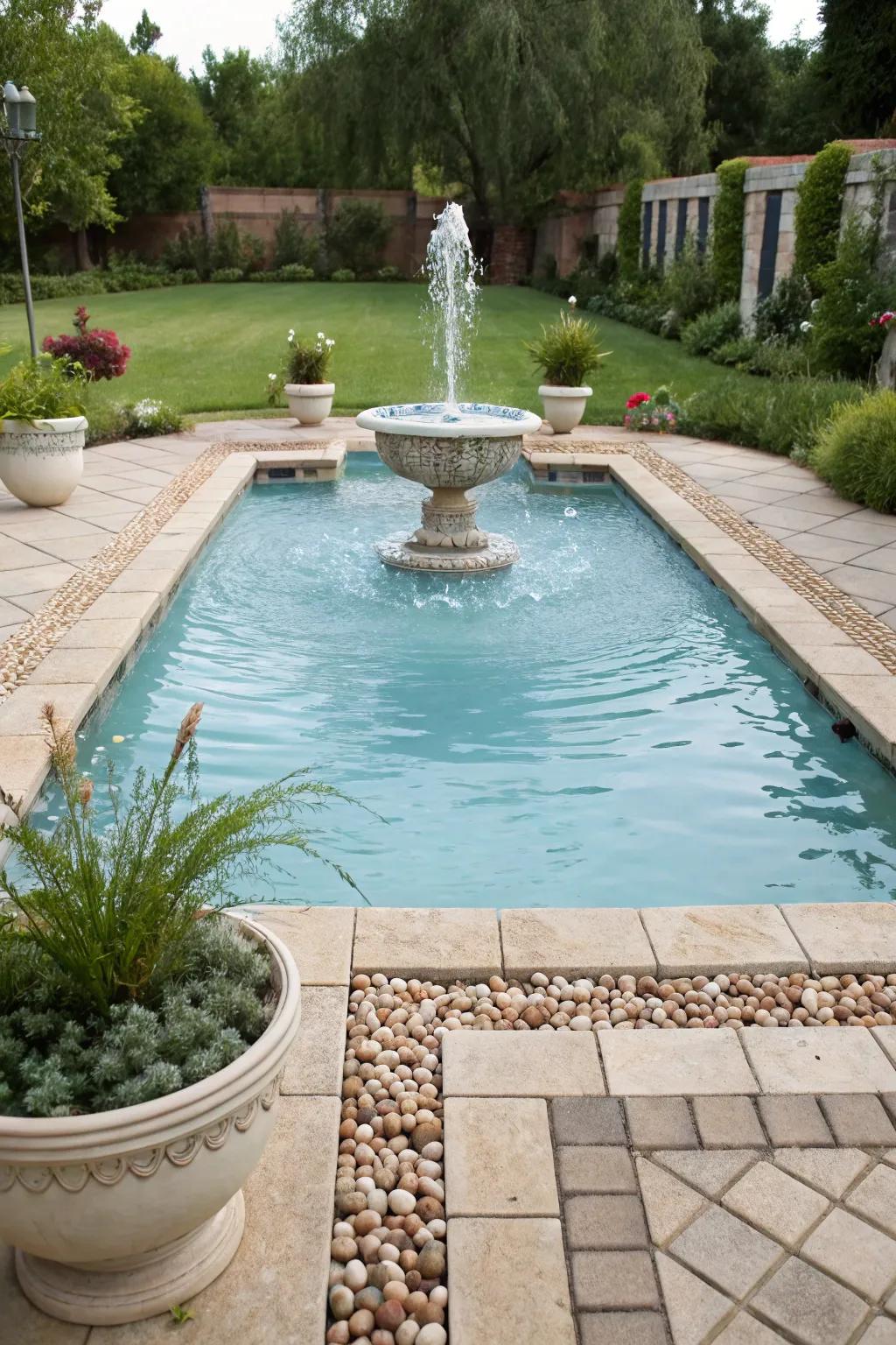 A pool fountain adding elegance and charm to the backyard.