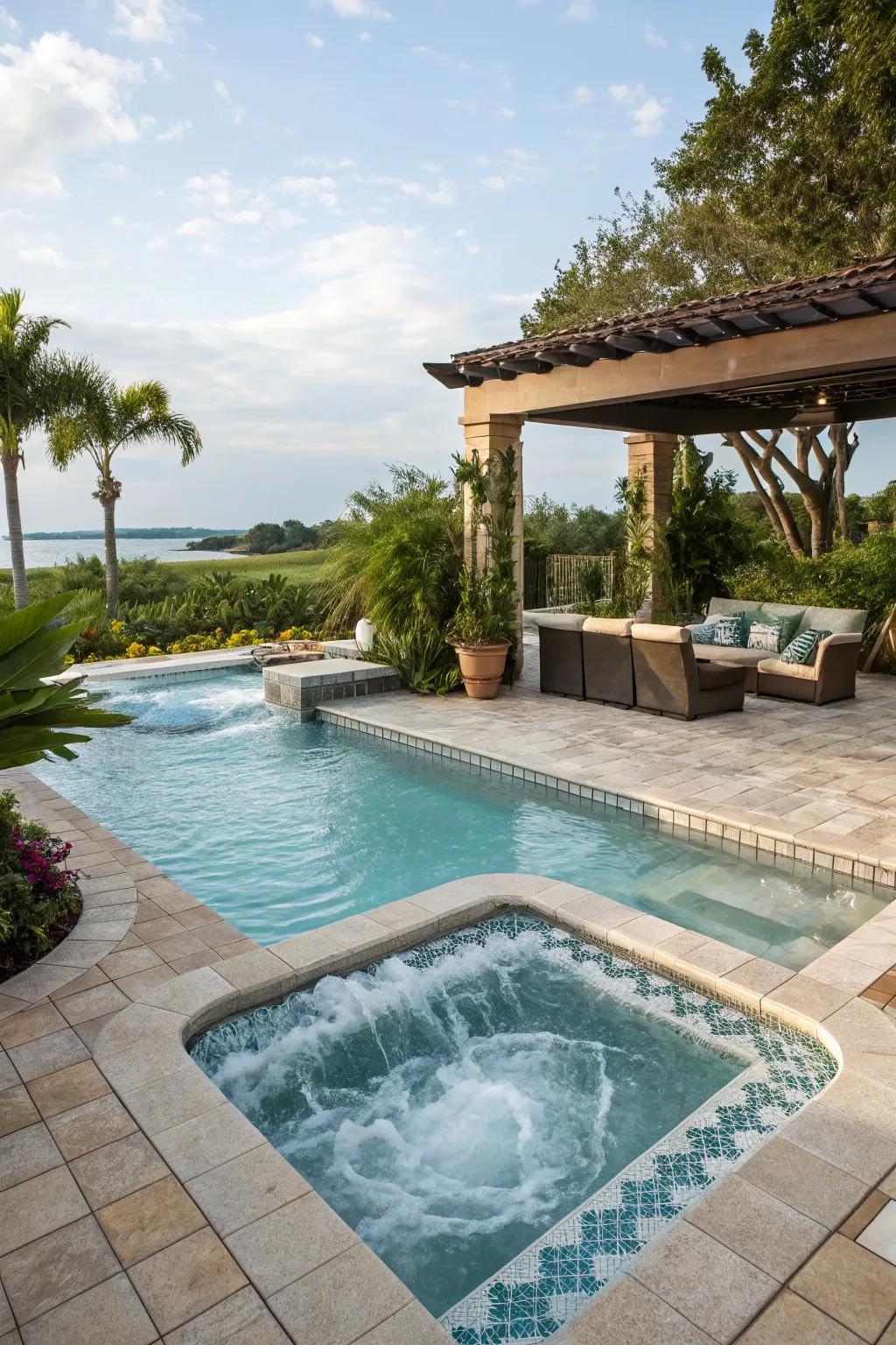 A pool featuring an integrated spa for ultimate serenity.