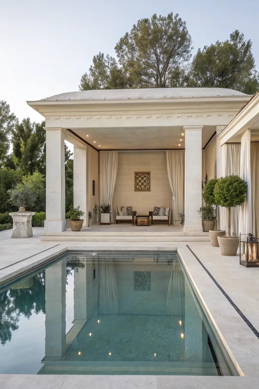 Minimalist pavilions offer a calm, sophisticated retreat with clean, elegant lines.