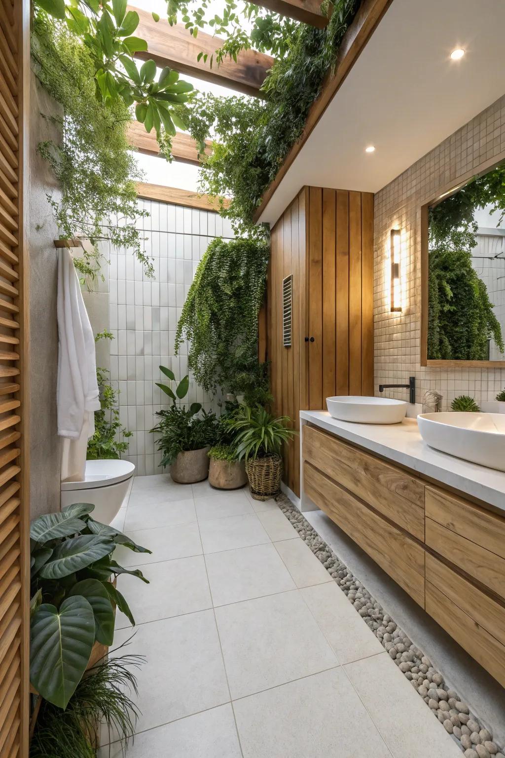 The fusion of natural elements with porcelain tiles creates a warm, tranquil bathroom setting.