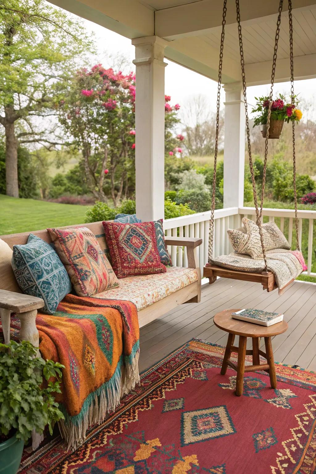 Playful textiles add color and comfort to the porch.