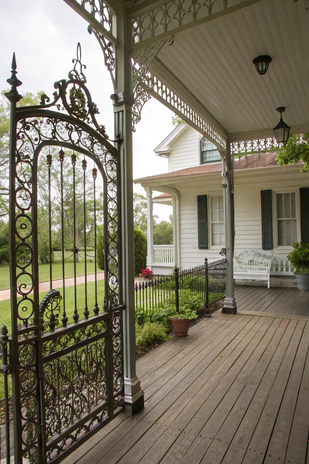 Wrought iron gates bring vintage elegance to porches.
