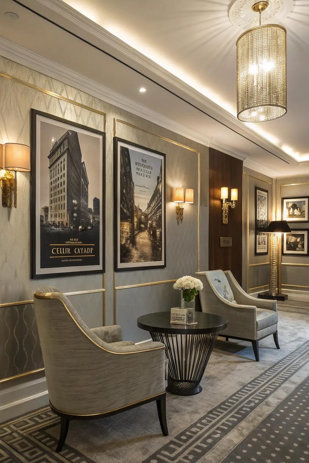 An elegant room with posters showcasing metallic accents.