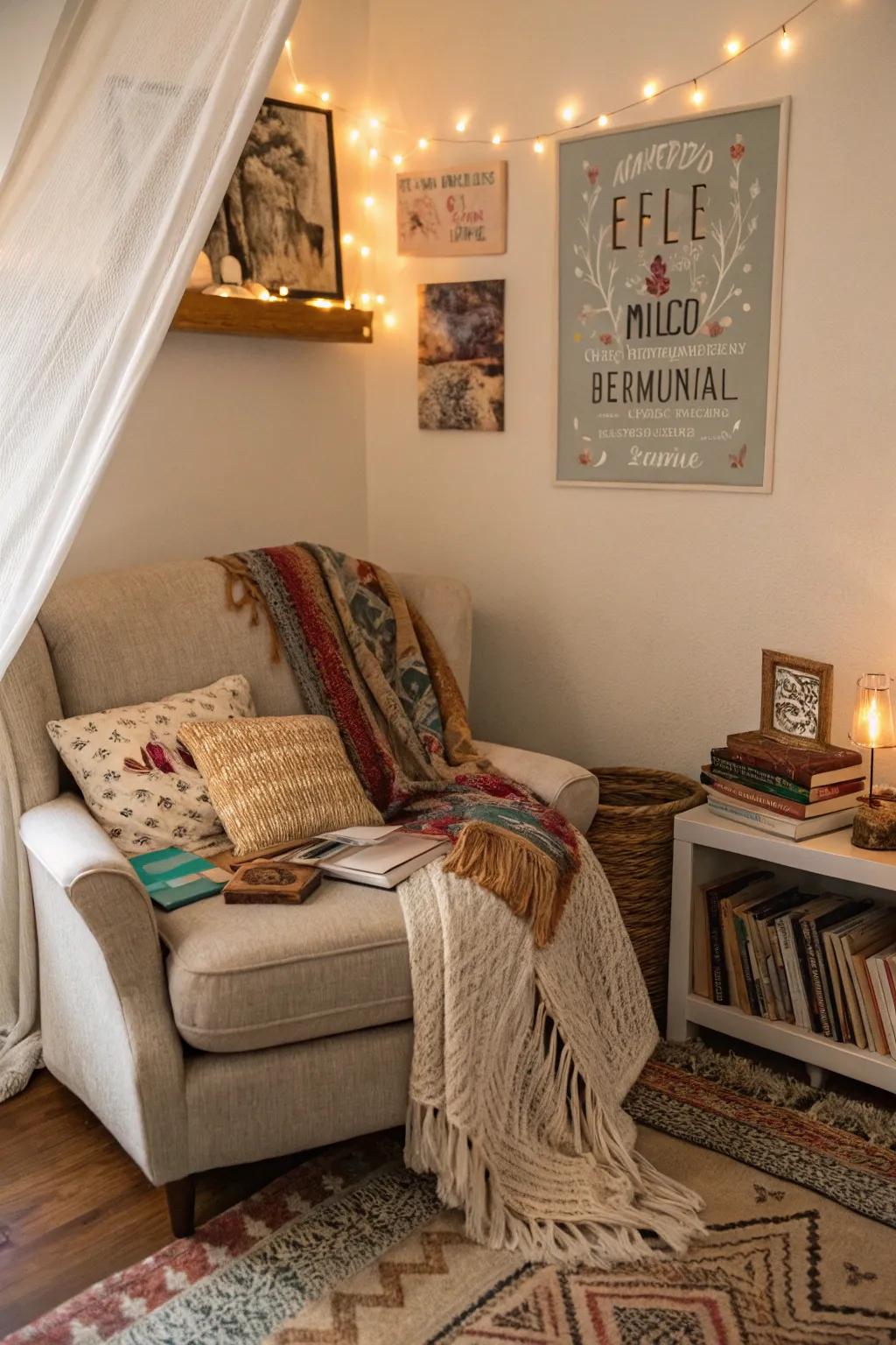 A bohemian name poster boosting the coziness of a reading nook.