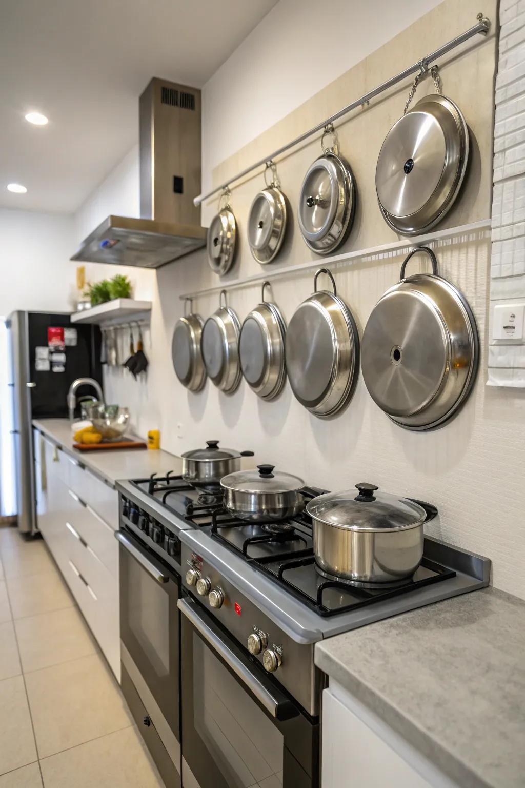 Magnetic strips offer an innovative method for storing pot lids.