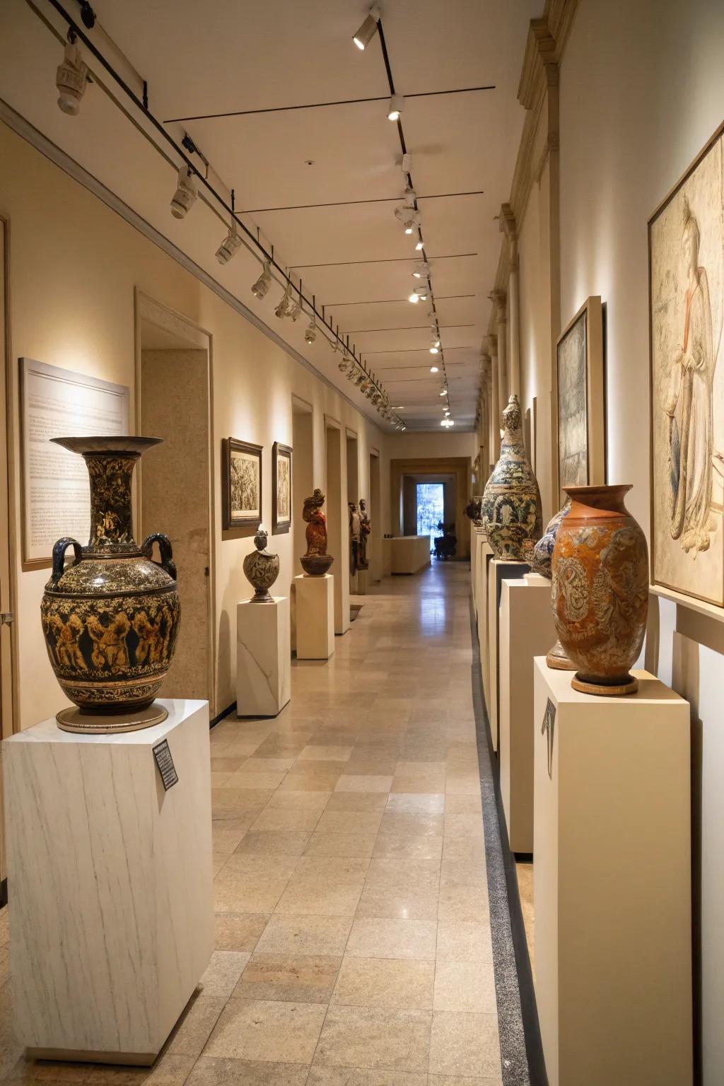 Pottery displayed on stands in a hallway for a gallery effect.