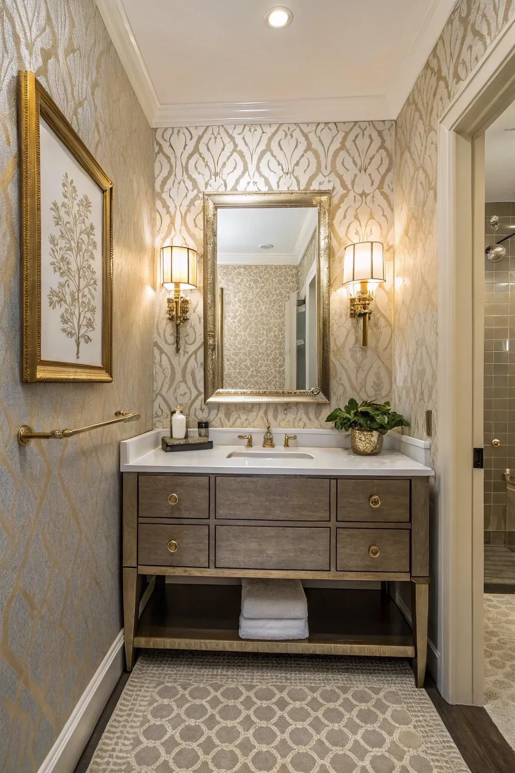 A half-bath enhanced by the luxury of textured wall covering.