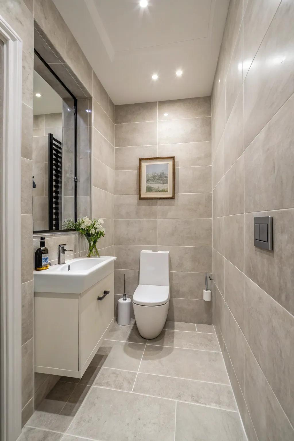 Large-format tiles create a seamless and spacious look.