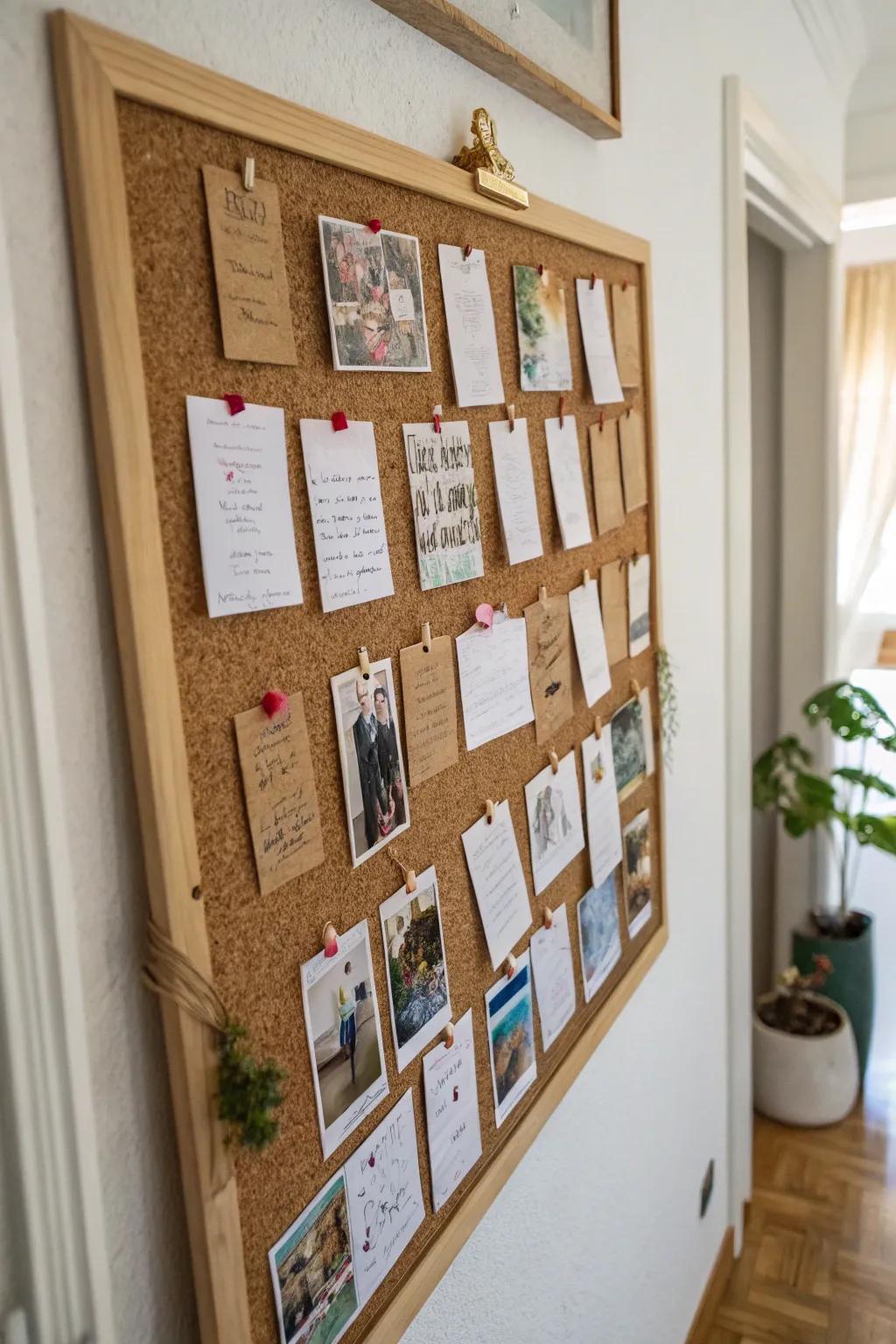 A fiberboard devotional display packed with pinned notes and private images.