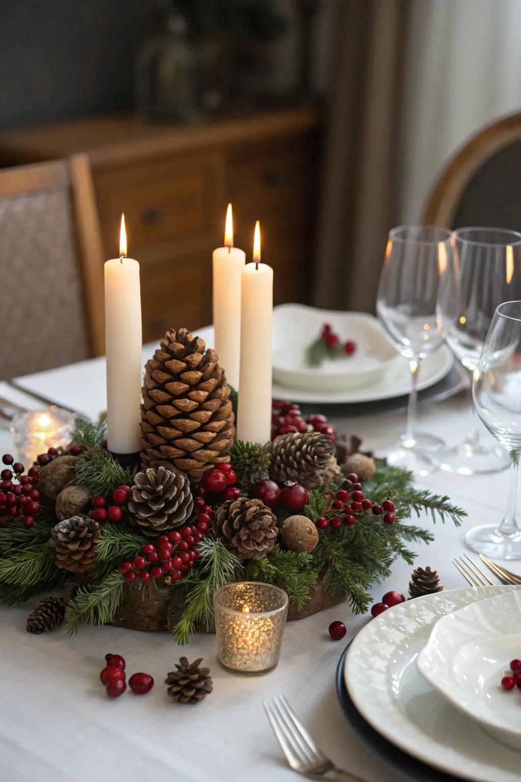 A sophisticated centerpiece with seasonal elements creates an inviting table setting.