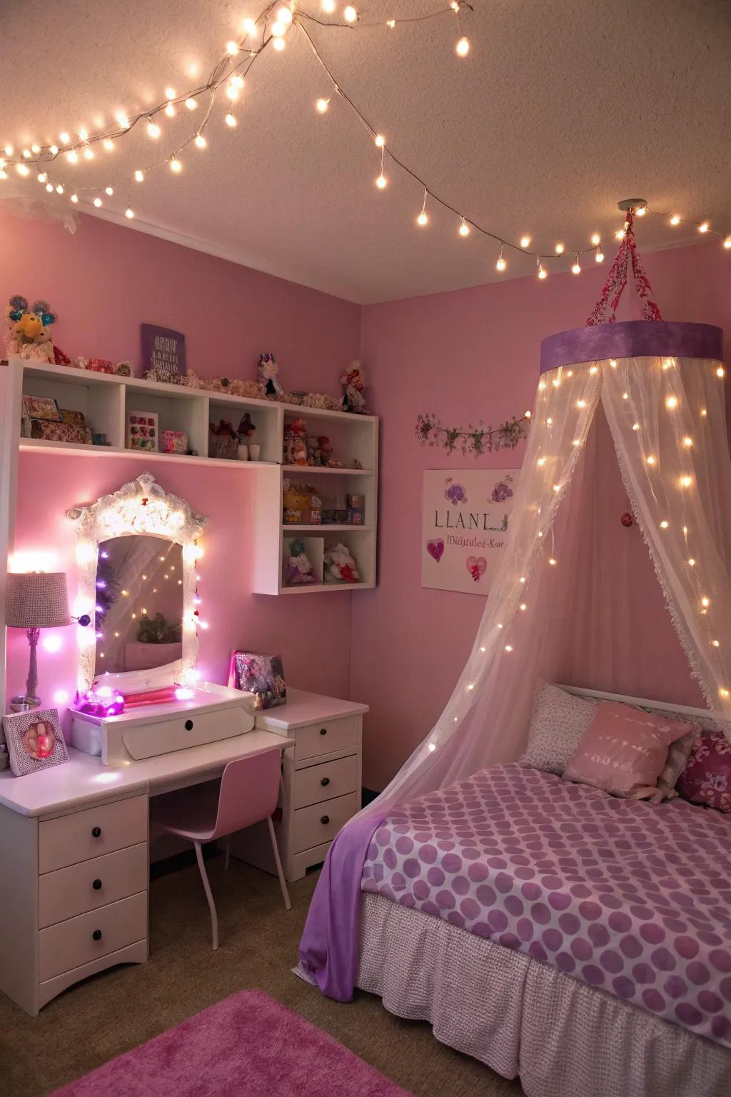Fairy lights add a magical glow to the room.
